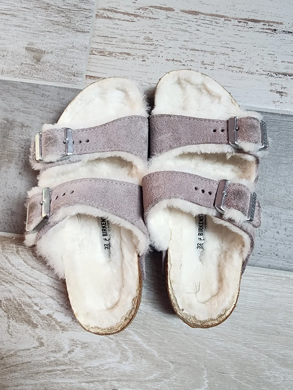 Birkenstock Kids Shearling-Lined Double Strap Sandals in Taupe